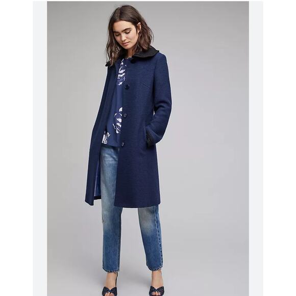 NWT Helene Berman Anthropologie Navy Black Wool Blend Peacoat - Picture 1 of 12